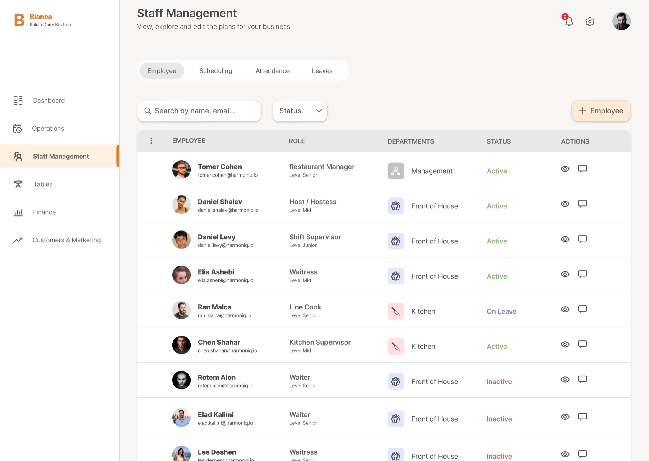Bianca staff management: the employee directory with active, on-leave and inactive states