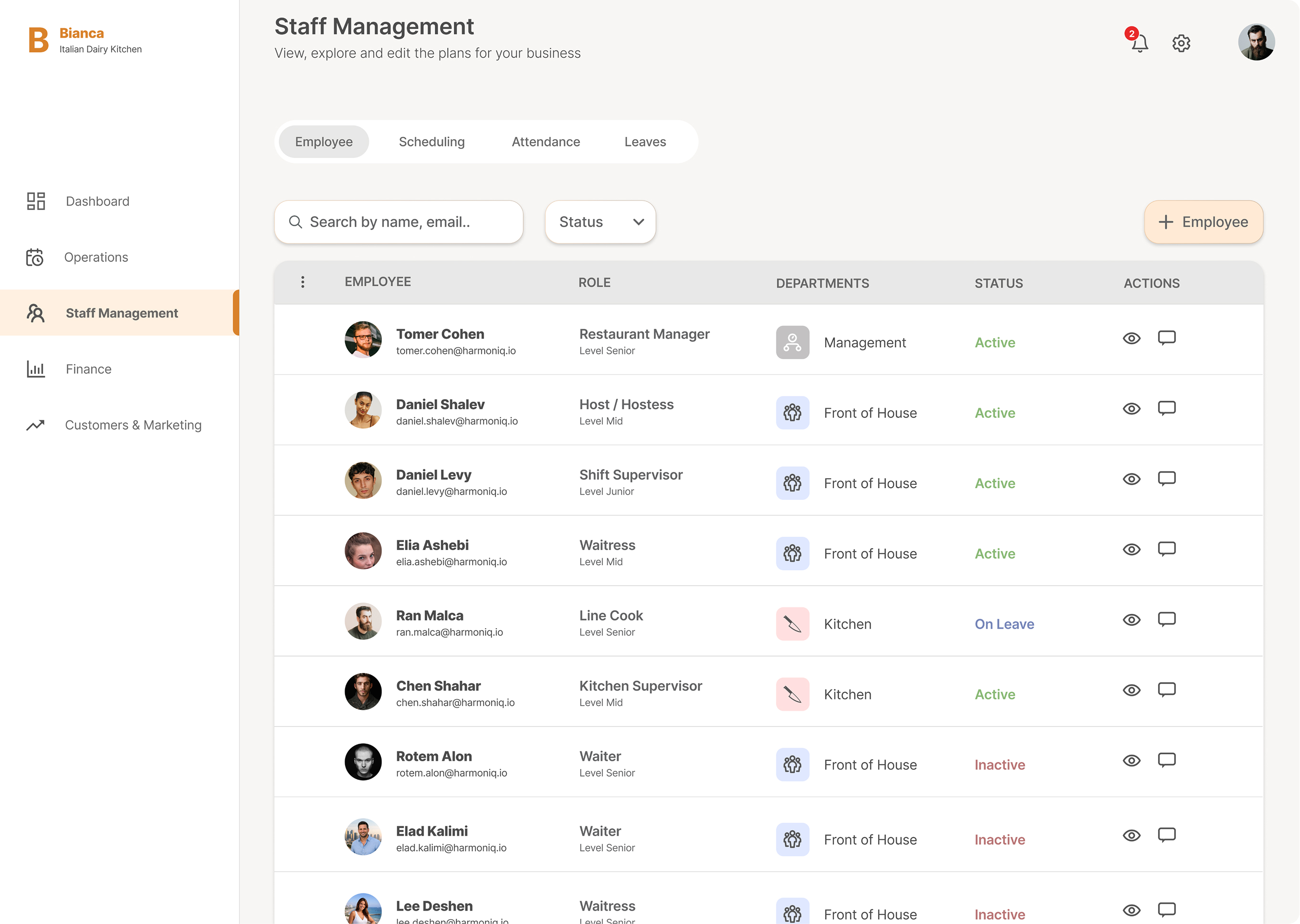 Bianca staff management: the employee directory with active, on-leave and inactive states