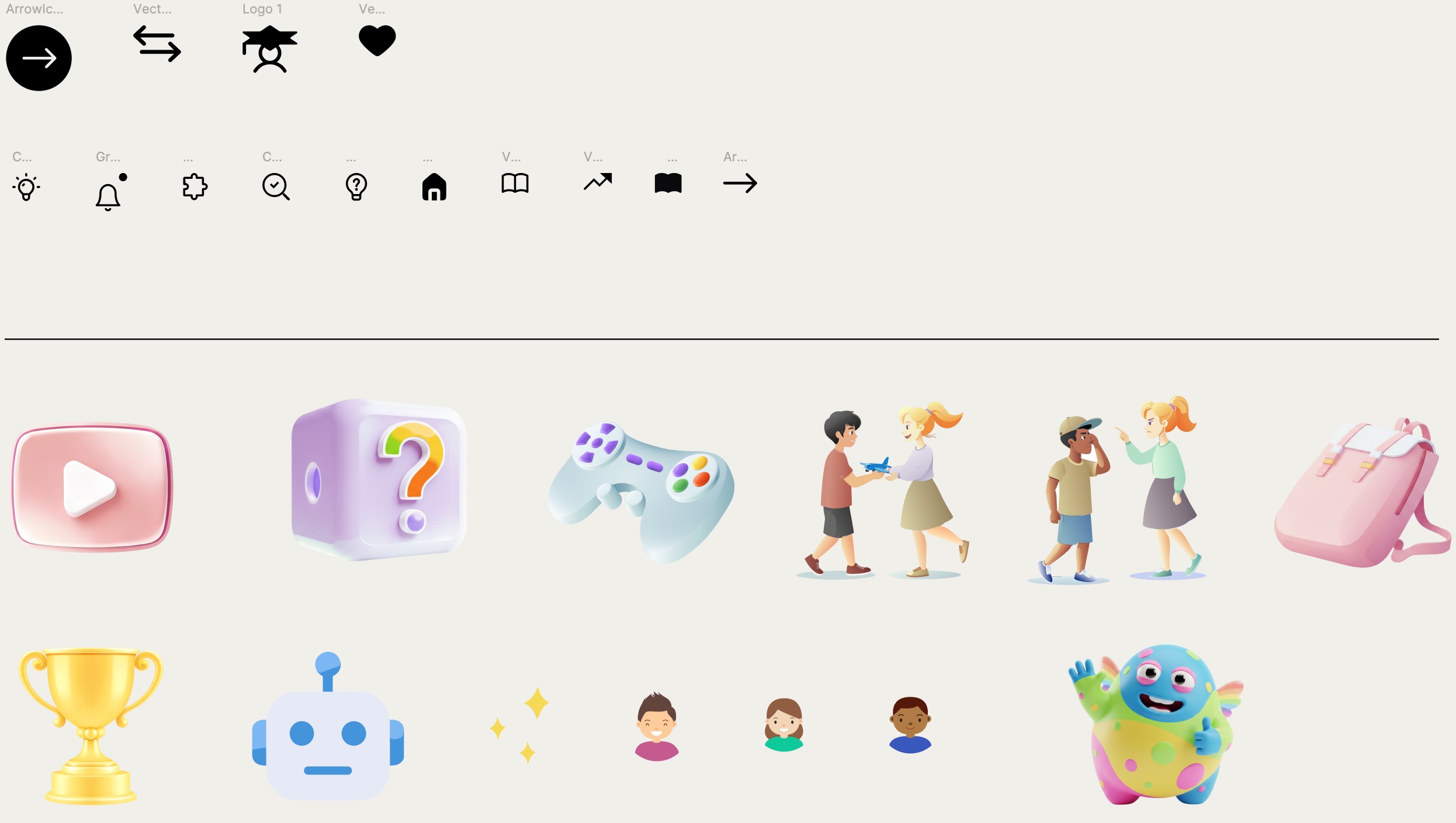 Talmind icon and illustration set: line icons plus 3D illustrations (play, backpack, game controller, mascot, trophy, AI robot)