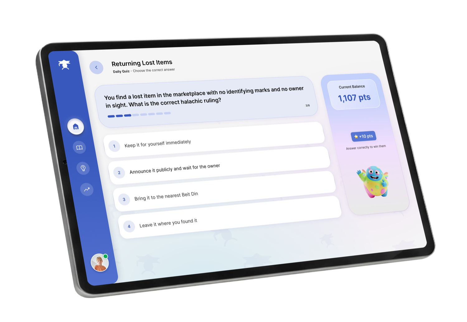 Talmind daily-quiz screen on a tablet