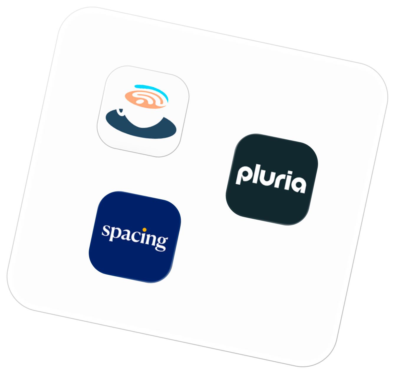 The three apps in the space today - Pluria, Spacing and a cafe-finder - shown as app icons on a tilted card
