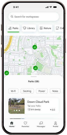 TrailDesk: the map filtered to parks, with a place preview card at the bottom