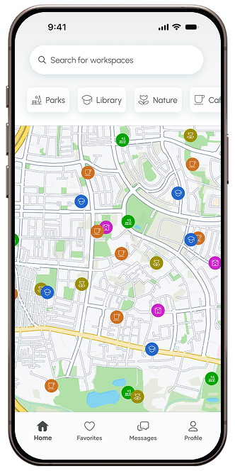 TrailDesk home screen: a map of nearby public workspaces with colour-coded category pins
