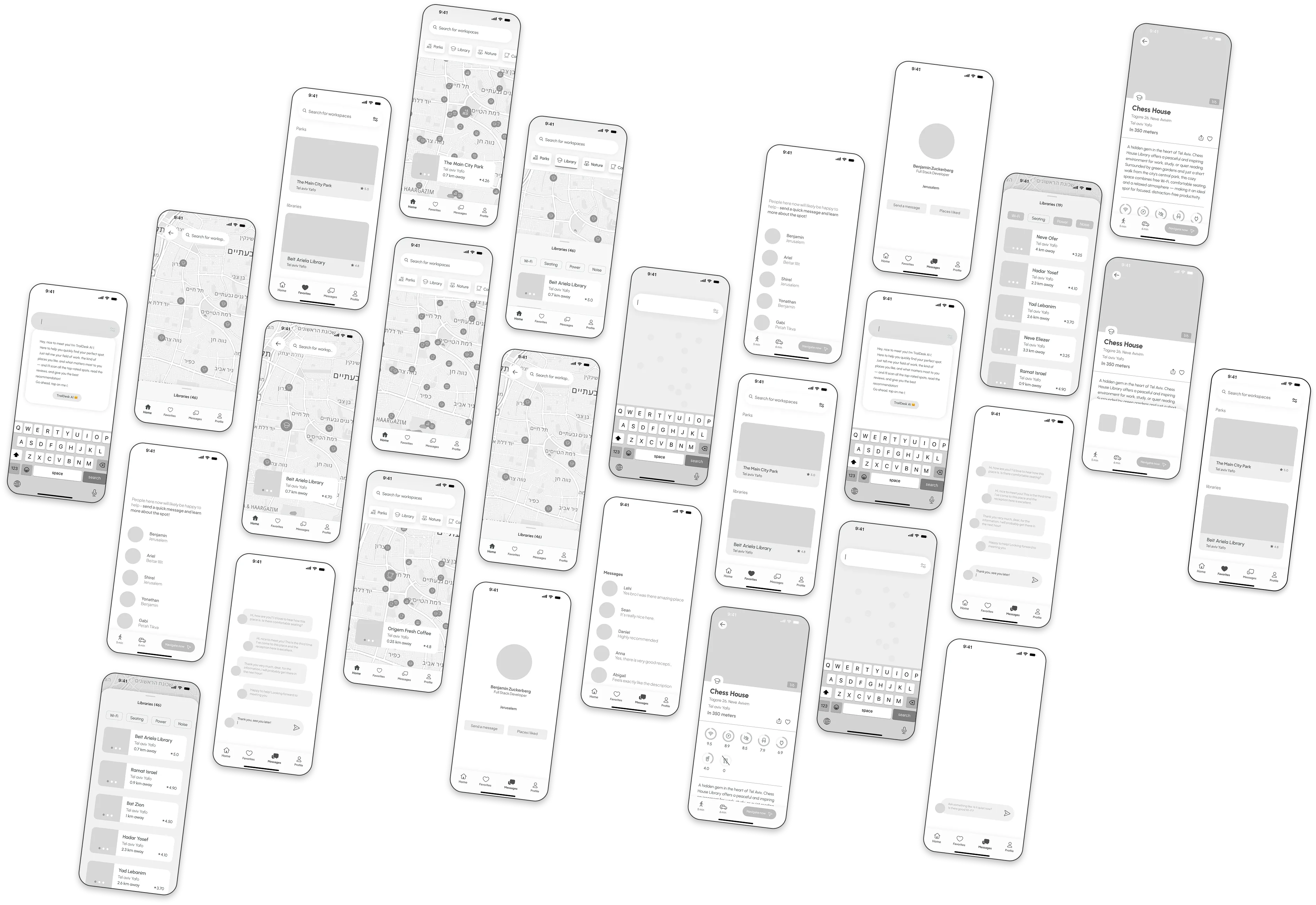 TrailDesk wireframes: twenty-seven greyscale iPhone screens scattered across the board - the map home screen with its category chips, category and search results, the filtered places list, a place detail sheet, the people-nearby panel, member profiles, the messages list and a chat thread with the TrailDesk AI assistant.